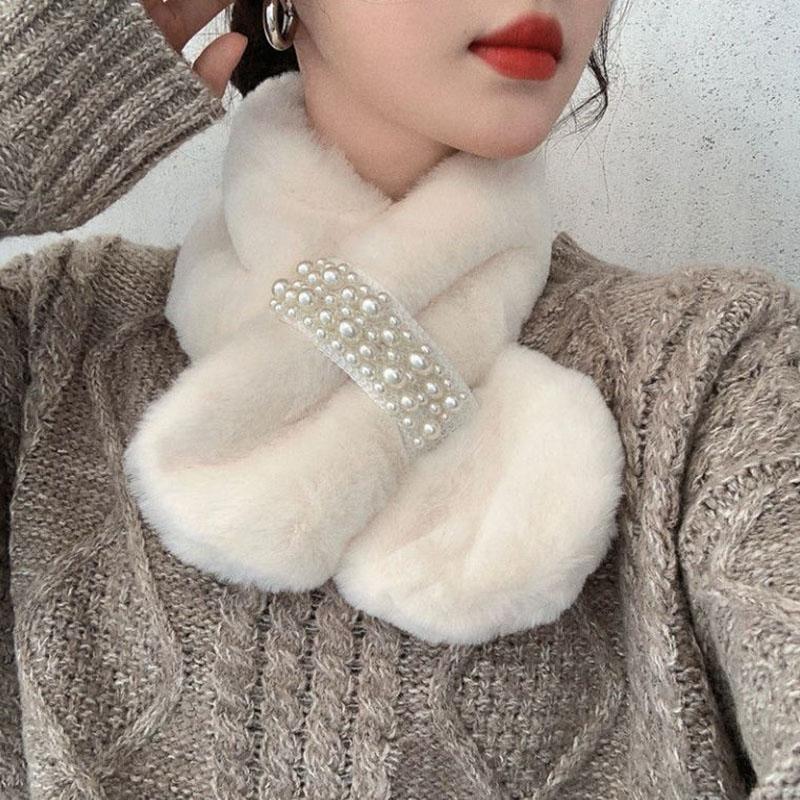 Women's Winter Pearl Plush Neck Protection Collar Korean Fashion Thick Artificial fur Scarf