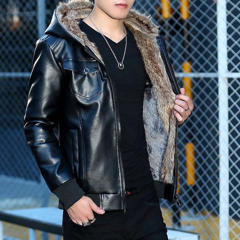 Men's Leather Jacket Winter Plus Velvet Thickening Korean Style Trendy Handsome Slim Men's Leather Jacket