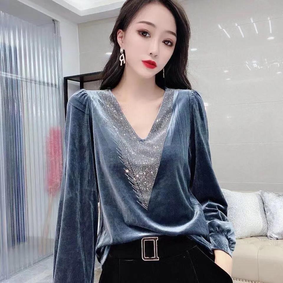 Spring Fall Women Sexy V-neck Gold Velvet top Elegant Blue Long Sleeve Wild Basic Shirts Vintage Casual Ladies Top Pullover