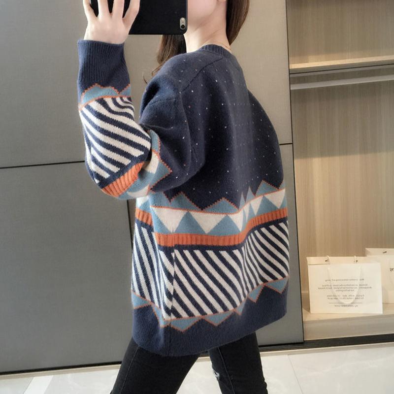 2021 Spring and Autumn Sweater Cardigan Jacket Women's Knitwear Loose Outer Wear Color Blocking V-neck Top