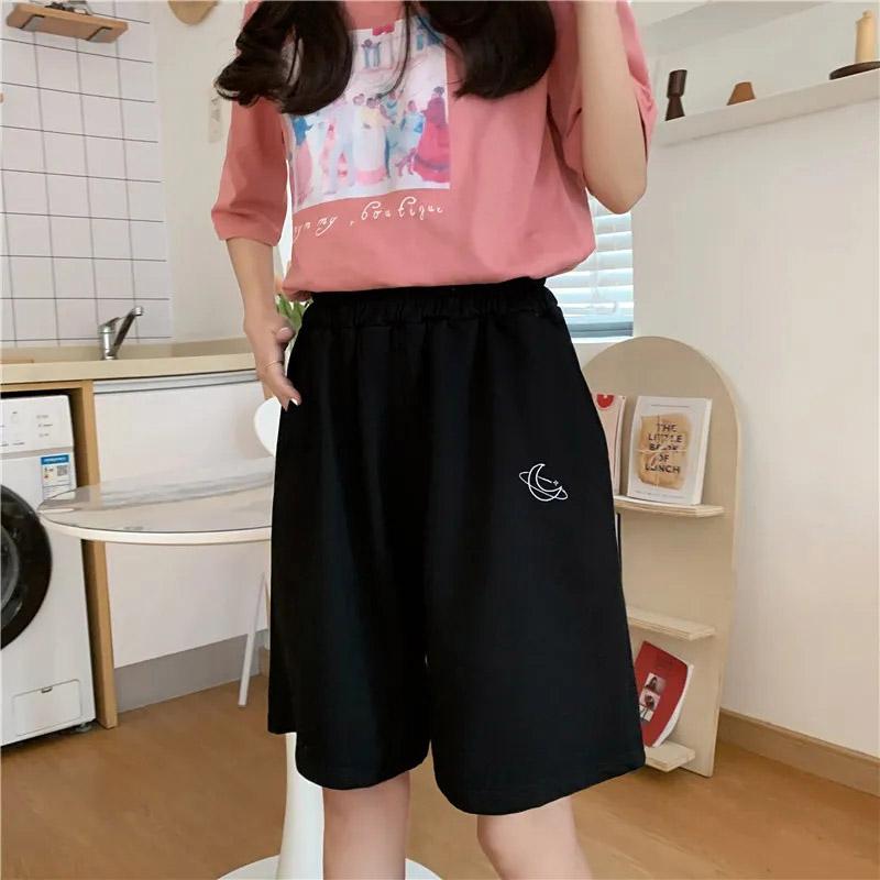 Moon Embroidered Shorts Women's Summer Loose and Thin High Waist Straight Wide Leg Shorts Korean Version Student Five Points Sports Casual Pants