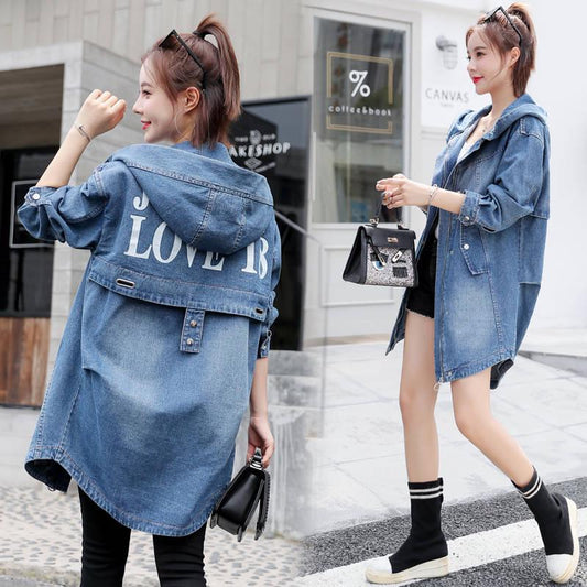 Autumn Winter Women Hooded Denim Jacket Harajuku Wind Jean Jacket Loose Long Sleeve Female Coats