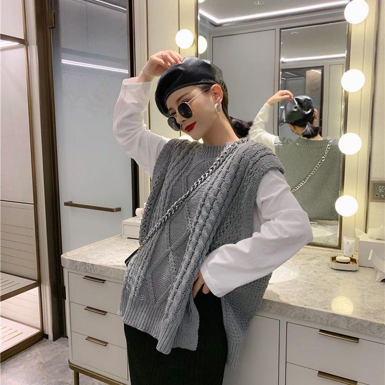 Solid Color Loose Sleeveless Sweater Women's Fashion Round Neck Pullover Waistcoat Lazy Warm Knitted Vest