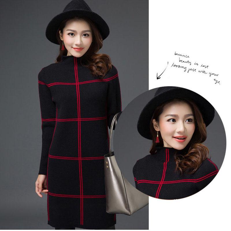 Autumn Winter Plaid Turtleneck Sweater Women Long Thick Pullover Sweater Dress All-match Bottoming Shirt Jumper Top