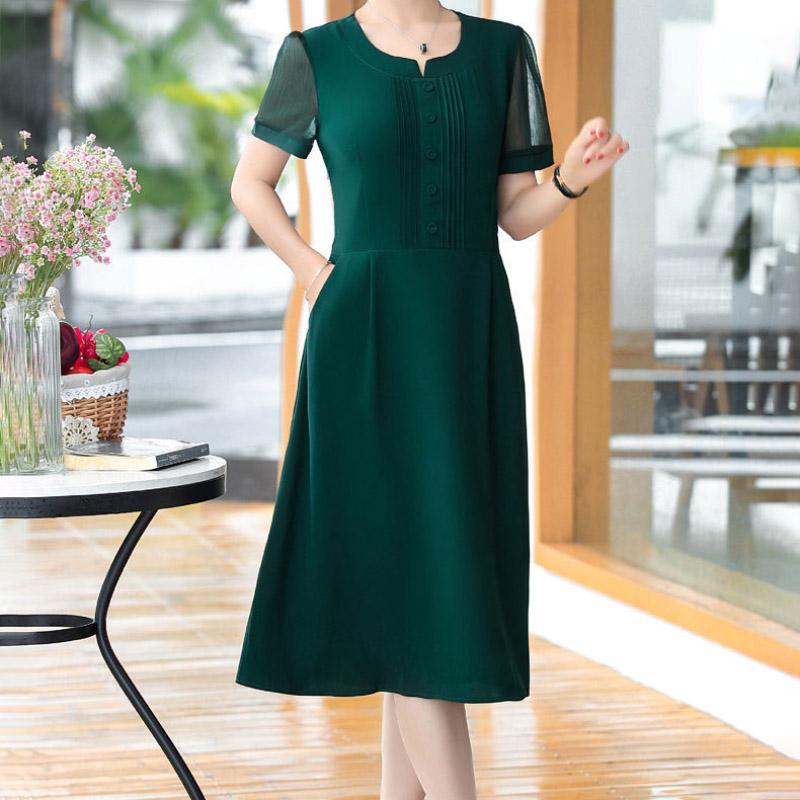 Solid Color Summer Dress Women V-neck Pocketed Short Sleeve A-line Dresses Holiday High Waist Slim Party Dress Female