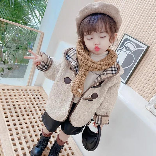 Girls Coat Autumn and Winter Lamb Cashmere Children's Western Style Long Coat Girl Baby Fur All-in-one Trendy Cotton Coat