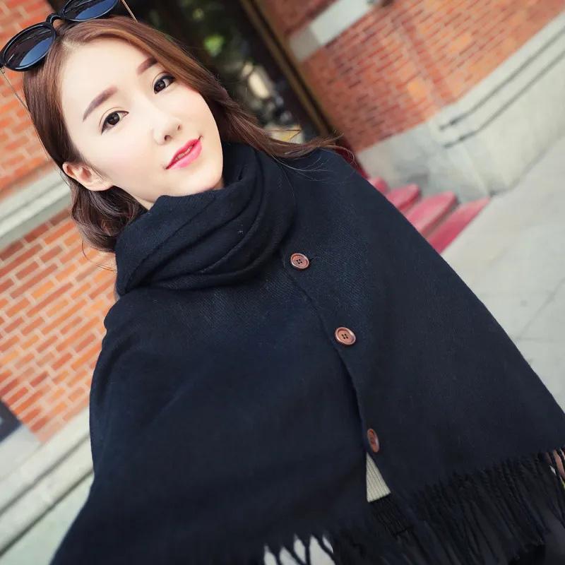 Women's Autumn Winter Multifunctional Shawl Scarf with Buckle Korean Style Warm Imitation Cashmere Scarf Air Conditioning Shawl Padded Cloak Jacket