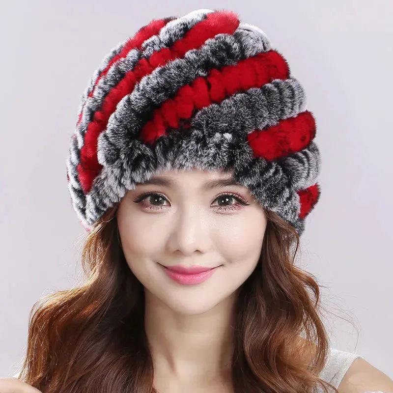 Women's Winter Fur Hats Middle-aged Thickened Warmth Ear Protection Hats Rex Rabbit Fur Woven Hats Ladies Floral Top Caps Fluffy Rabbit Fur Hat