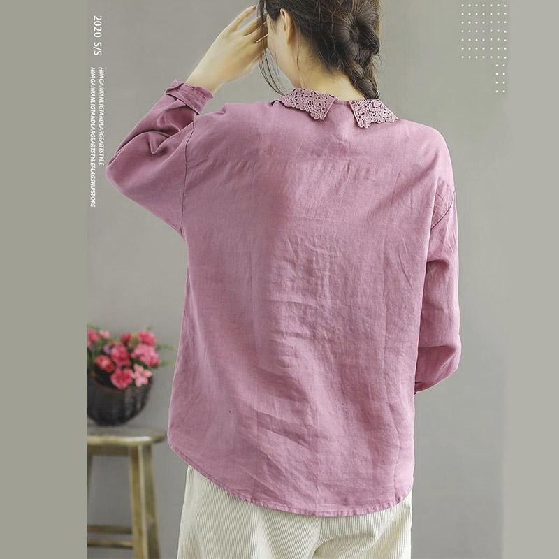 Pure Cotton Long-sleeved Shirt Women's Casual Lace Lace Collar Retro Literary Spring Loose Top