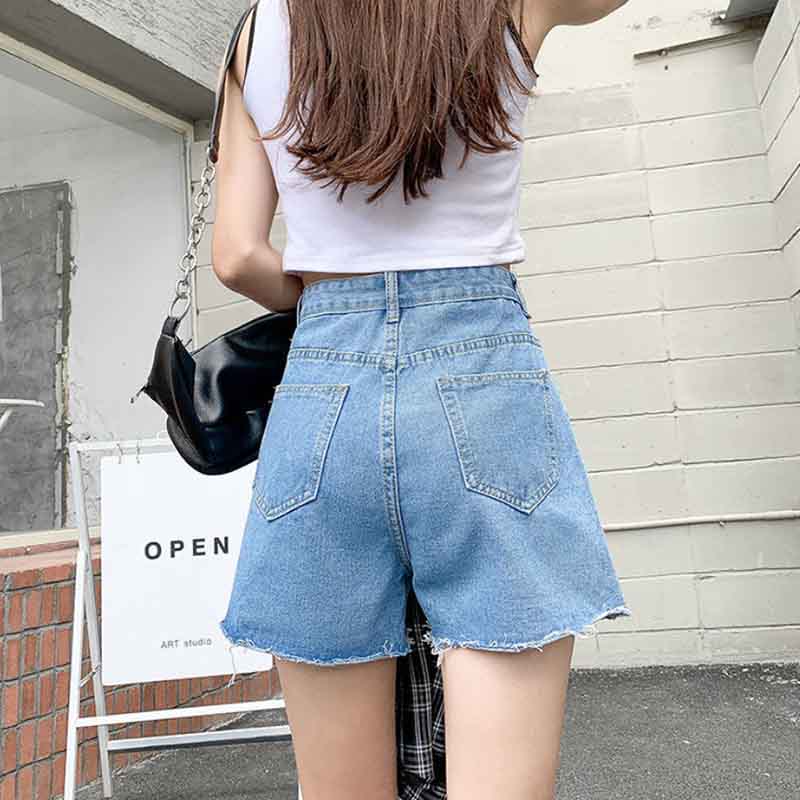 Denim Shorts Women's High Waist Summer Korean Style Loose and Thin A-line Ripped Pants