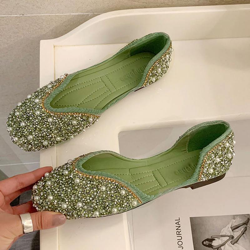 Single Shoes Women Spring and Summer Korean Version of Square Toe Flat Pearl Rhinestone Grandma Shoes Soft Sole