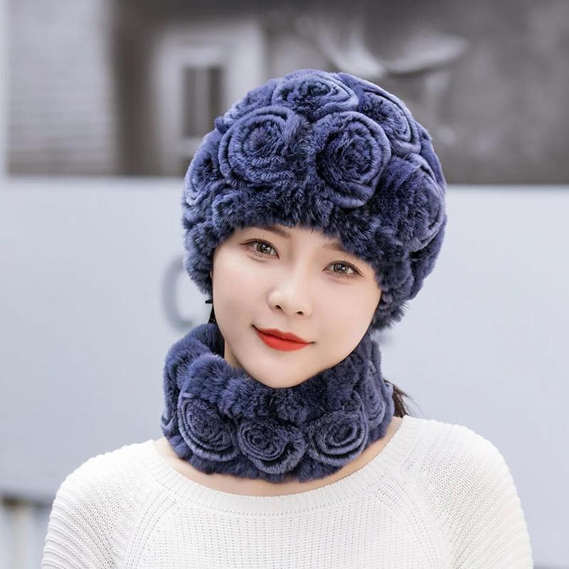 Women's Vintage Rex Rabbit Fur Floral Hat Scarf Set Warm Floral Vintage Autumn Winter Fur Hat All-match Ear Protection Hat Knitted Fur Caps Scarf Set