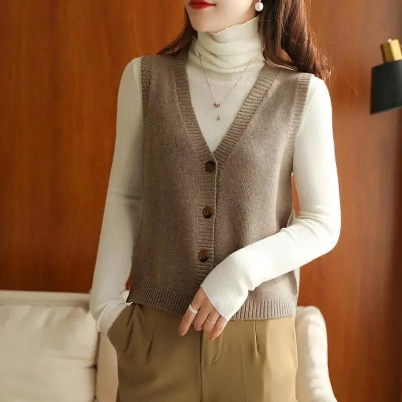 Ladies Spring and Autumn Knitted Loose Solid Color Vest Vest Cardigan All-match Sleeveless Outer Wear Waistcoat