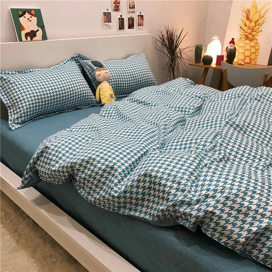 Nordic Simple Four-piece Washed Cotton Yellow Plaid Quilt Cover Single Double Dormitory Four-piece Double Bed Bedding