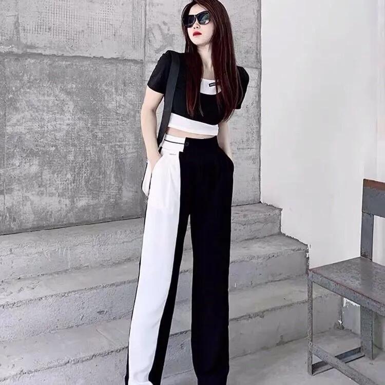 2PCS Women's Summer Sports and Leisure Age Reduction Suit Short T-shirt + High Waist Wide Leg Pants Suit Two-piece Set