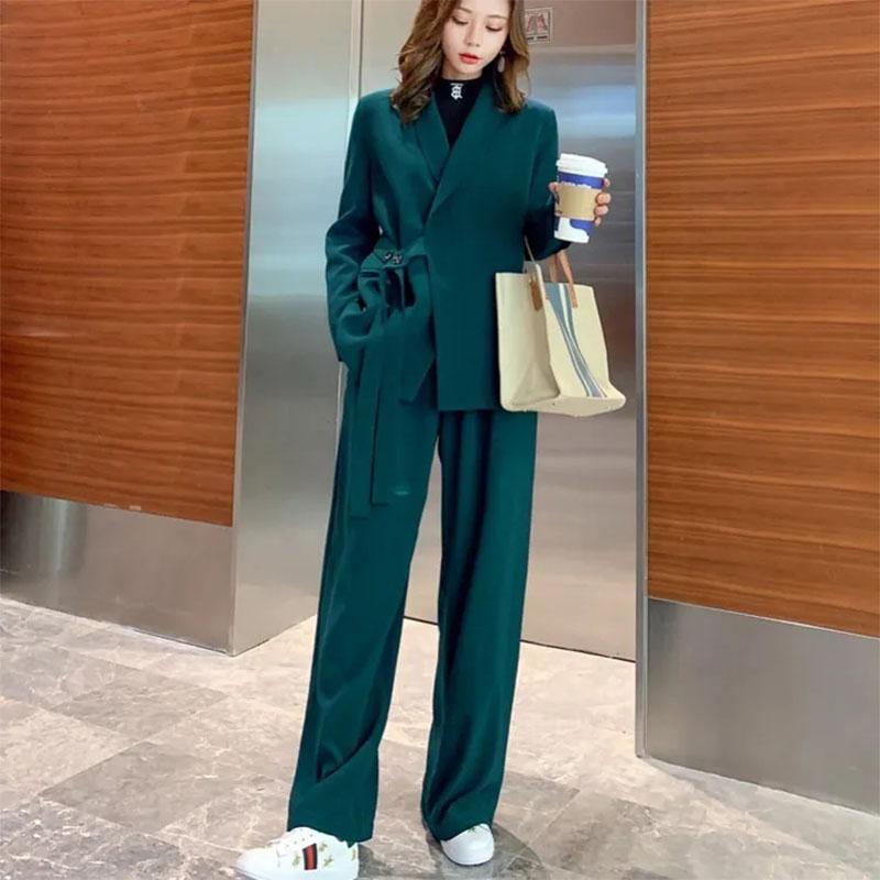 2PCS Women's Suit Suit Autumn Korean Version Casual Professional Suit Jacket + Wide-leg Pants Two-piece Set Lazy Lady Loose Suit