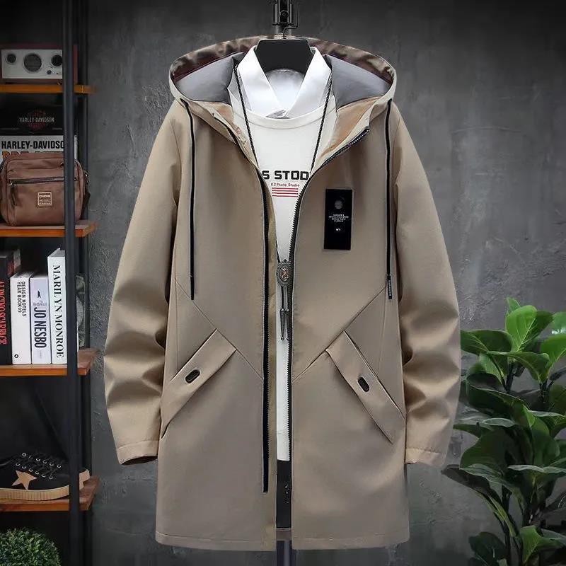 Spring & Fall Men Jacket Long Hooded Coat Casual Loose Windbreaker Solid Color Trend Parka for Youth