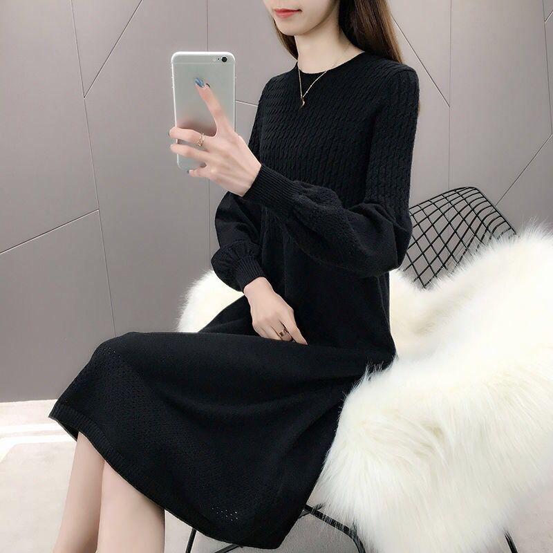 Knit Dress Women Autumn and Winter Loose Mid-length Over-the-knee Sweater Bottoming Tie Belt Slim-fit Sweater Dress Puff Sleeve Sweater