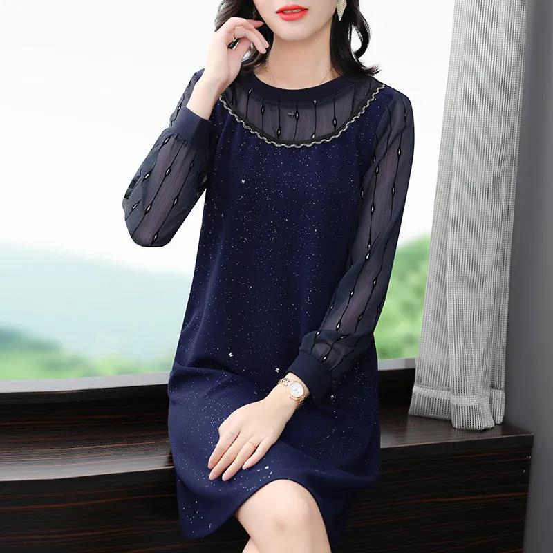 Women Black Blue Dress Solid Color Sequins Tulle Long Sleeve O-neck Spring and Autumn Large Size Loose Knee-length Size L-XXXXXL