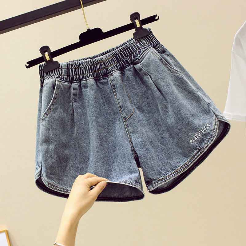 Denim Shorts Women's High Waist Wide Leg A-line All-match Large Size Thin Elastic Waist Loose