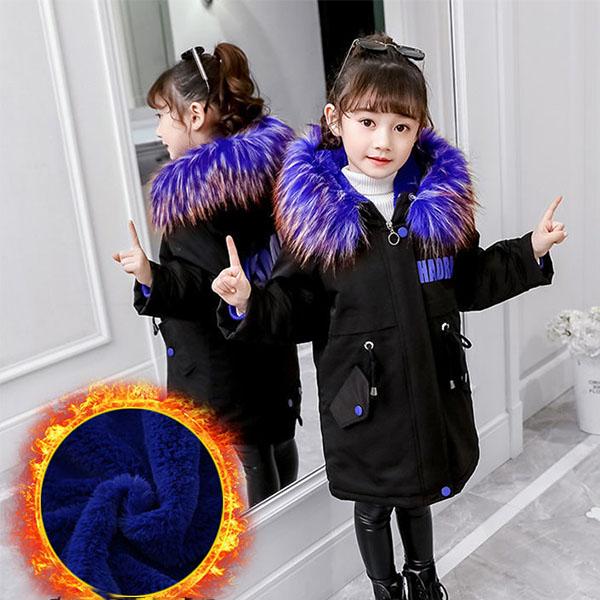 Winter Clothes Plus Cotton Padded Coat for Girls Detachable Plus Velvet Padded Coat Medium and Long Fur Collar Parka  Cotton Padded