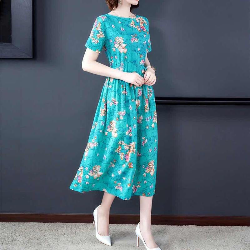 Ice Silk Elegant Printed Short-sleeved Dress Temperament Elasticated Waist Thinner Women's Floral Pattern Dress Light Fabric Comfortable and Soft