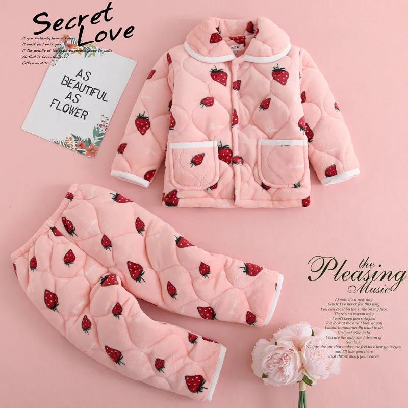 Winter Children's Three-layer Quilted Pajamas Flannel Girls and Boys Coral Fleece Suit Baby Thickened Solid Color Home Service