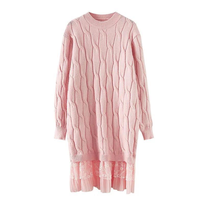 Sweater Dress Female Over-the-knee Base Skirt Mid-length Round Neck Pullover Long-sleeved Warm Sweater Lace Loose Sweet Wind