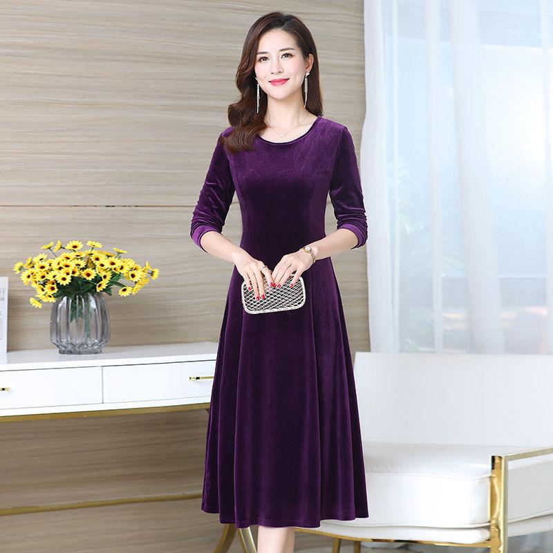 Dress Round Neck Gold Velvet Women's Mid-length Slim Fit Covering Belly Plus Size Mother Skirt Women's Clothing