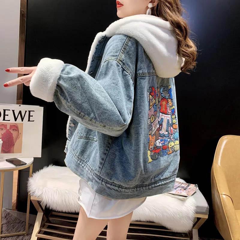 Denim and Lamb Velvet Stitching Jacket Women Plus Velvet Thick Loose Loose Style Autumn and Winter Cardigan All-match