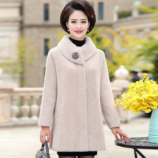 Imitation Mink Velvet Coat Female Middle-aged Mother Autumn and Winter Noble and Thick Mid-length Coat