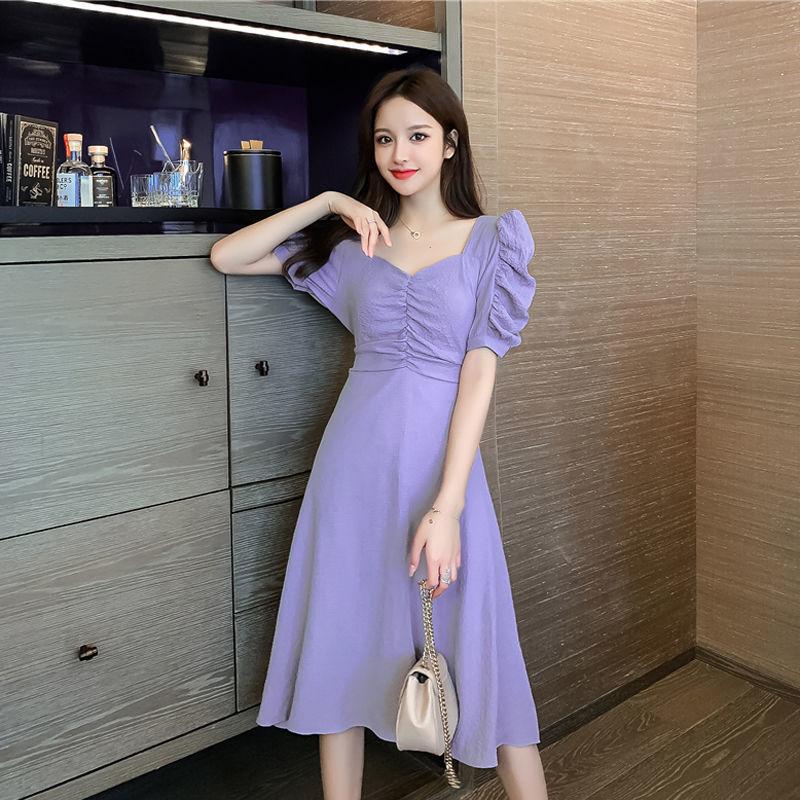 Female Simple Slim Puff Sleeve Dress Chiffon Shows Thin V-neck Soft Elegant Medium Length Party Dress