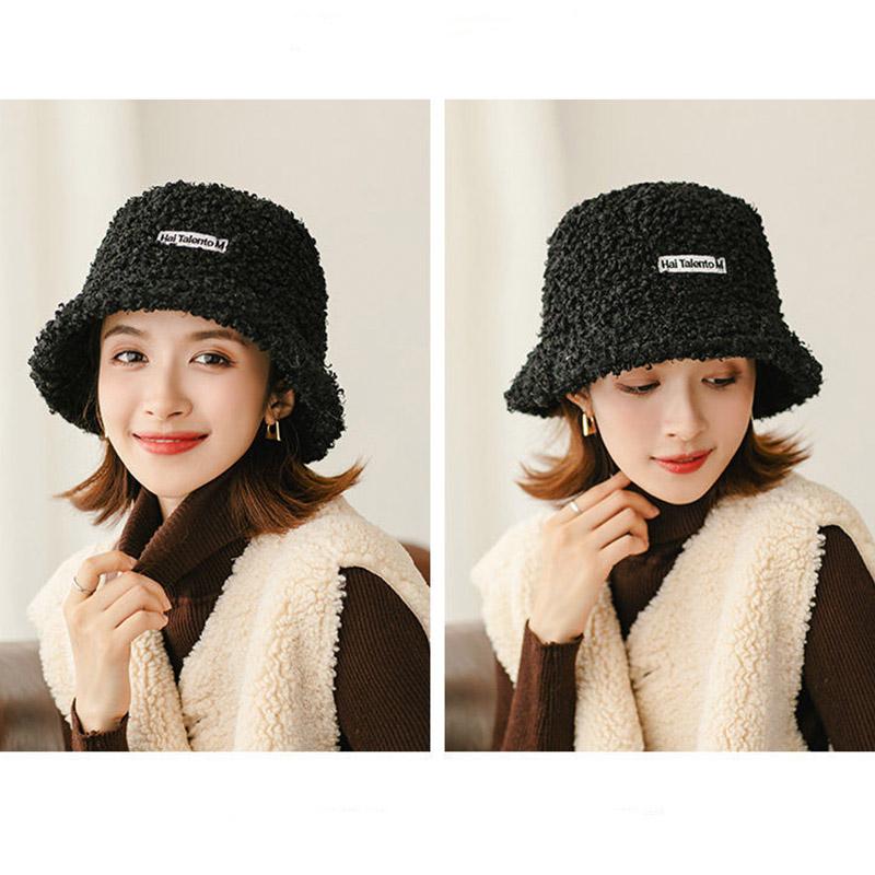 Women Hat Autumn and Winter All-match Lamb Wool Fisherman Hat Round Face Thinner Thick Bucket Hat Fashion Warmth Out Hat Adjustable Size