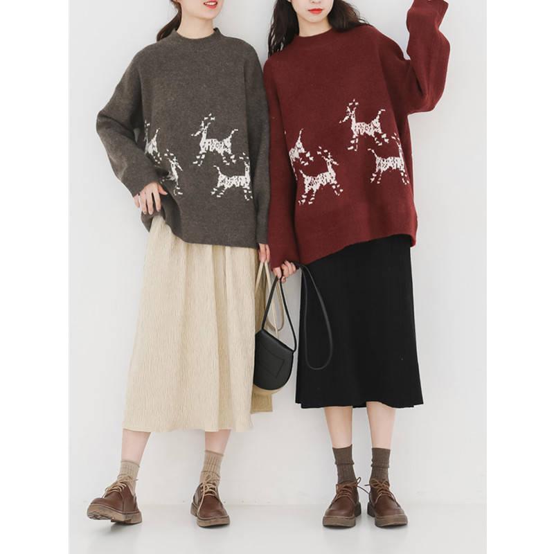 Pofulove Winter Vintage Thickened Loose Jacquard Knitted Sweater Women Were Thin Christmas Coat