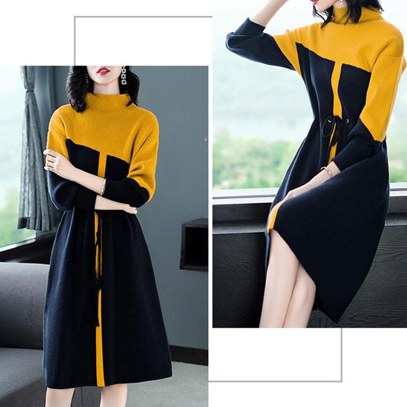 Autumn and Winter High-necked Knitted Dress Above The Knee In Large Mid-length Bottom Skirt Loose Casual Women's Sweater Dresses