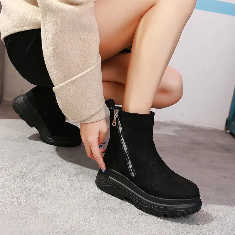 Women's High-rise Short Boots Autumn and Winter Korean Style Comfortable Plus Velvet Thick-soled Slope with Martin Boots Wild Round-toe Cotton Boots