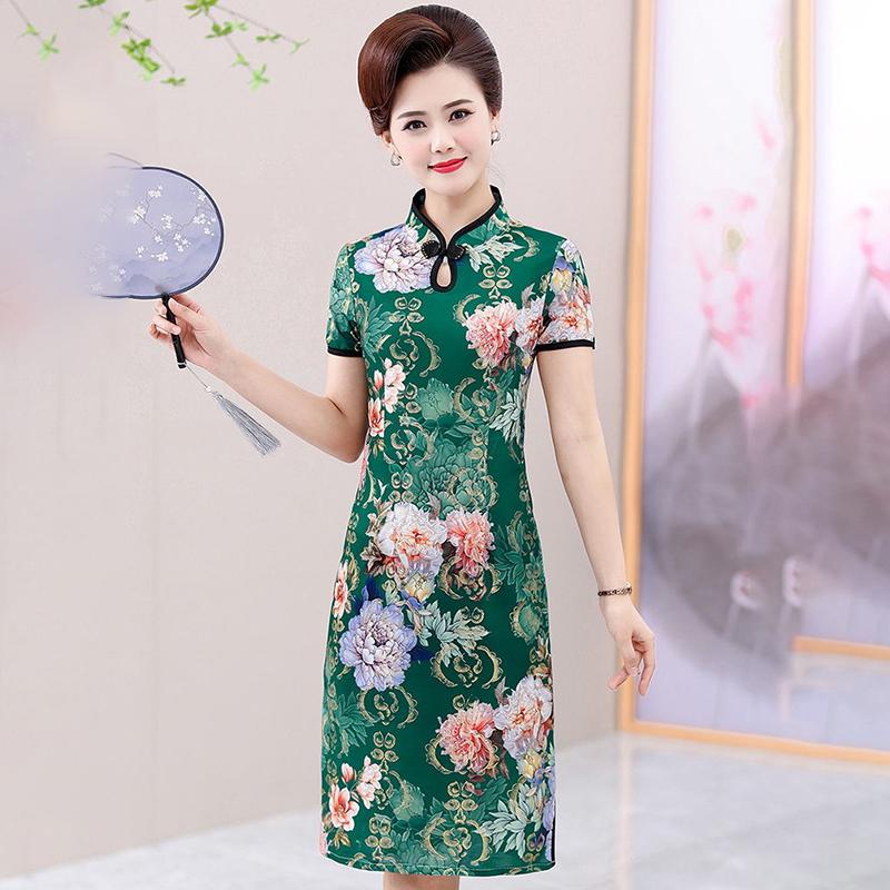 Summer Improved Cheongsam Female Mother Dress Retro Short-sleeved Dress Mid-length Middle-aged and Elderly Printed Cheongsam Dress