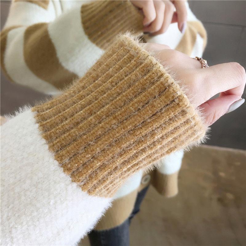 Autumn and Winter Mohair Jacket Loose-fitting Outer Wear Cardigan Jacket Striped Pattern Simple Female Jacket