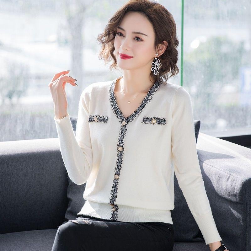 Autumn and Winter Pullover V-neck Raw Edge Stitching Long-sleeved Knit Sweater Loose Bottoming Top Women