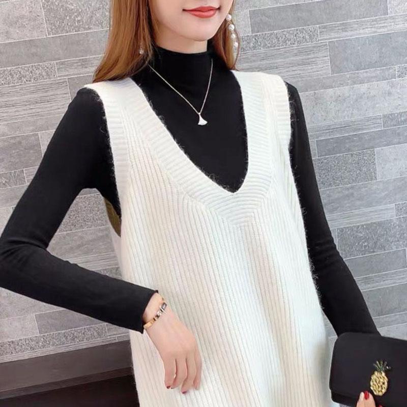 Autumn and Winter Long Knitted Sweater Loose V-neck Versatile Dress Casual Solid Color Women's Vest Dress