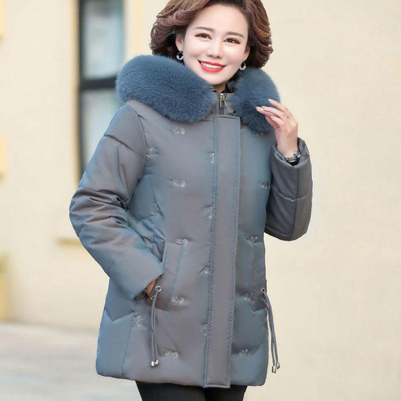 Winter Down Cotton Jacket Fashion Fur Collar Hooded Mid-length Jacket Thick Warm Cotton Jacket Suitable for Middle-aged Women