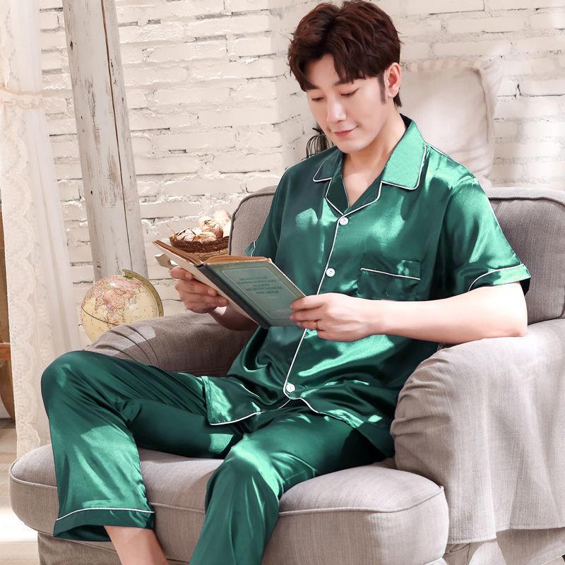 Men's Summer Short-sleeved Trousers Pajamas Spring and Summer Thin Couple Ice Silk Home Two-piece Suit