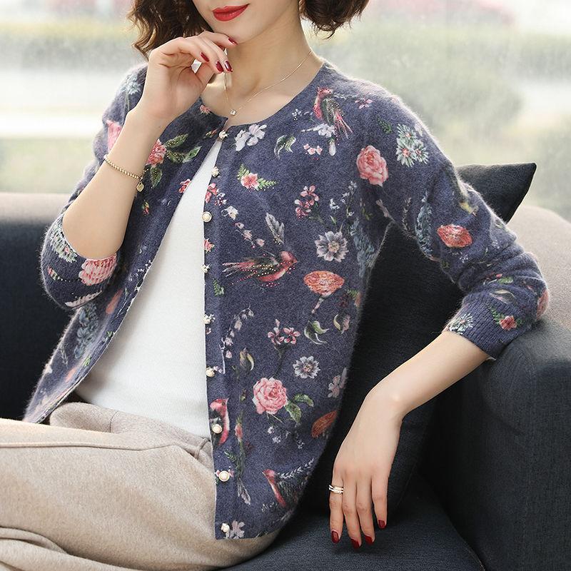 Vintage Print Knitted Cardigan Short Woollen Sweater Women Rhinestone Loose Simple Wool Cardigan Outwear