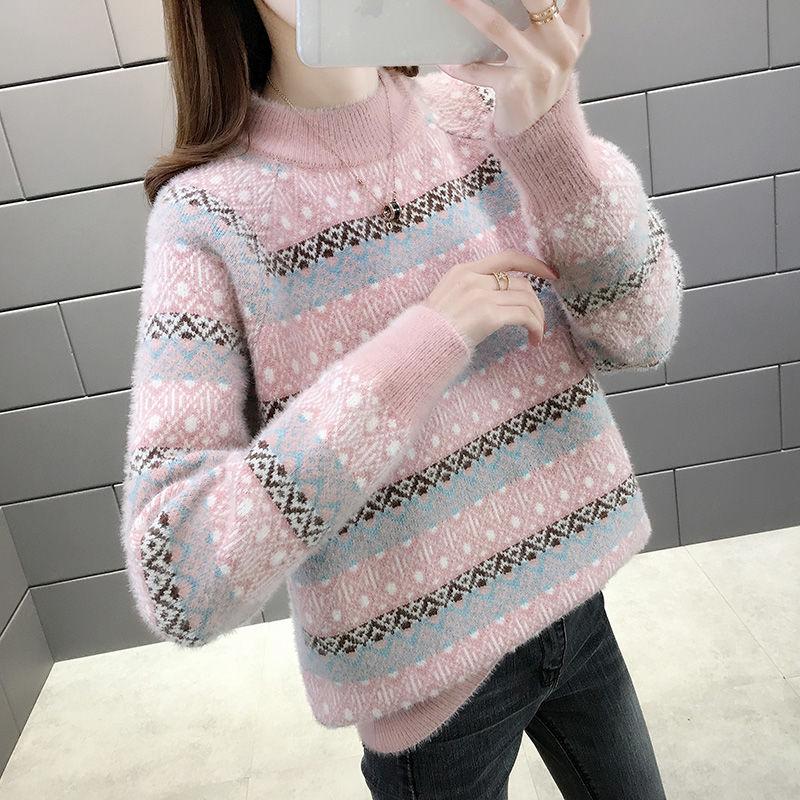 Color Thick Striped Sweater Autumn and Winter Loose Pullover Half High Neck Knitted Young Women's Top