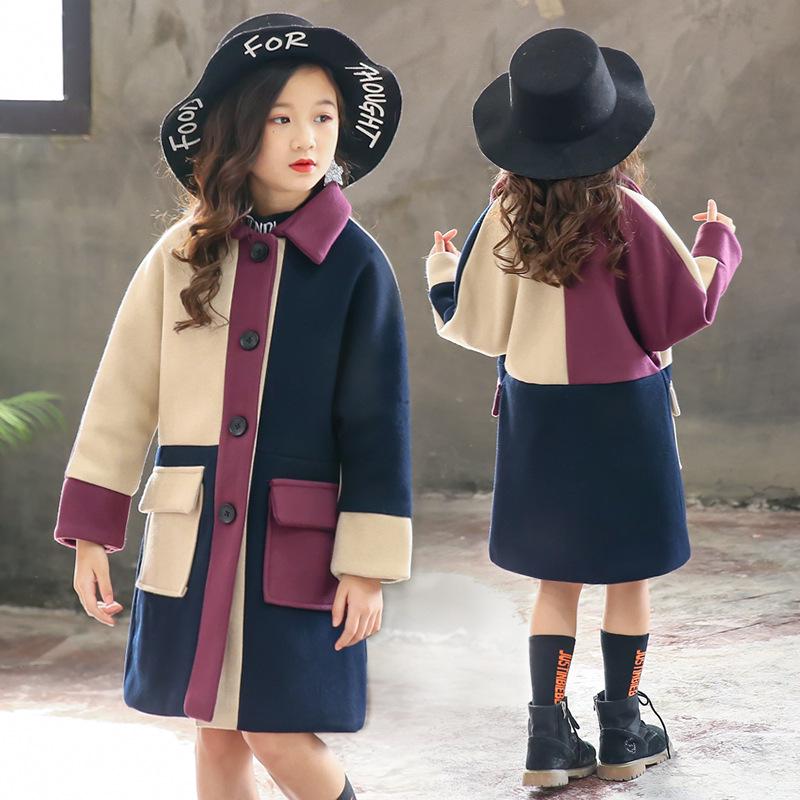 Girls' Wool Coats Children's Fashion Autumn and Winter Models Wool Casual Stitching Color Western Style Mid-length Woolen Coats