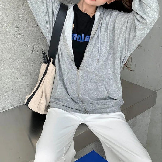 Women's Zipper Hooded Sweater Spring and Autumn Korean Version of The College Style Loose Solid Color Long-sleeved Cardigan Jacket