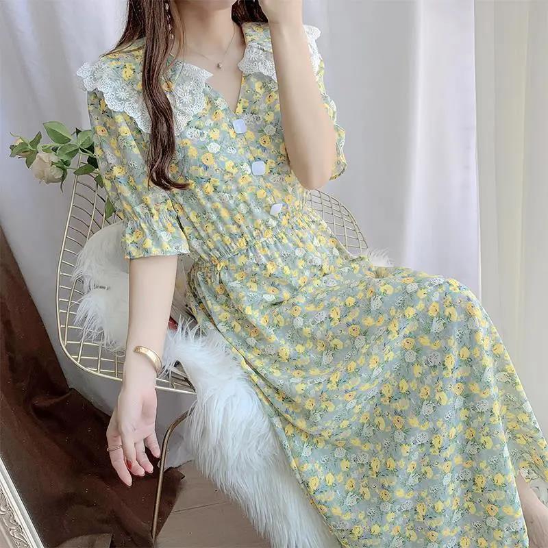 Women Summer Vintage High Waist Fairy Holiday Long Dress Elegant Slim Lace Peter Pan Collar Idyllic Floral Printed Dress