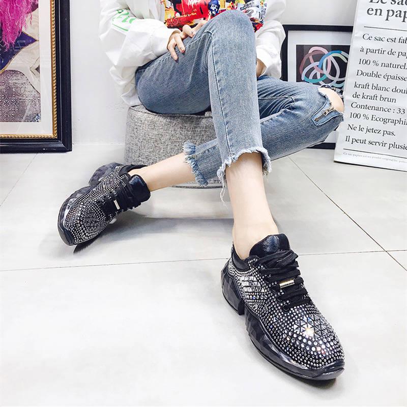 Rhinestone Old Shoes Women's Net Red Sneakers Crystal Thick-soled Increase Ins Tide Shoes