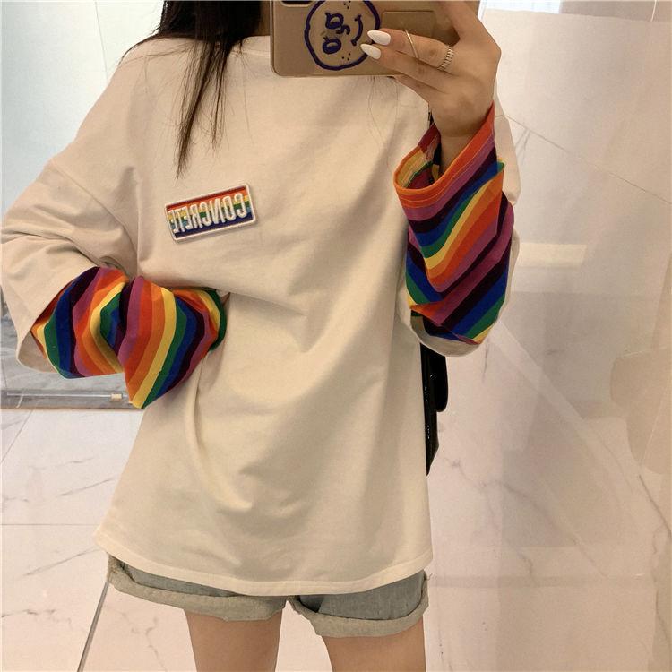 Spring Autumn Women Harajuku Long Sleeve Rainbow O-Neck T-Shirts  Casual Striped Femme Black Tops Pullover