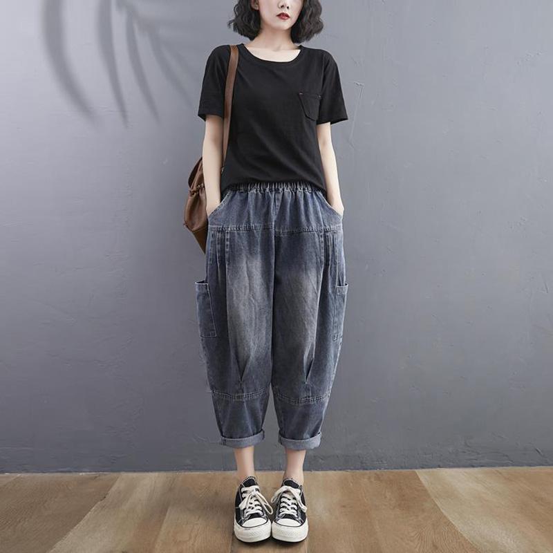 WTEMPO Summer Harem Pants Plus Size Elastic Waist Women's Jeans Loose Wide Leg Straight  Denim Big Pocket Trousers